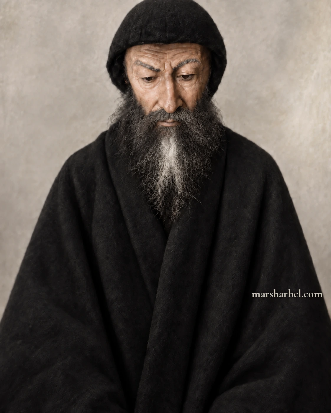 An artistic rendition of Saint Charbel in a black hooded habit, eyes lowered, reflecting what the creator of this website reports seeing on December 22